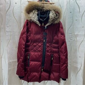 Nicole Benisti‎ Burgundy Puffer Coat Fur Trim Hood Genuine Leather Accents